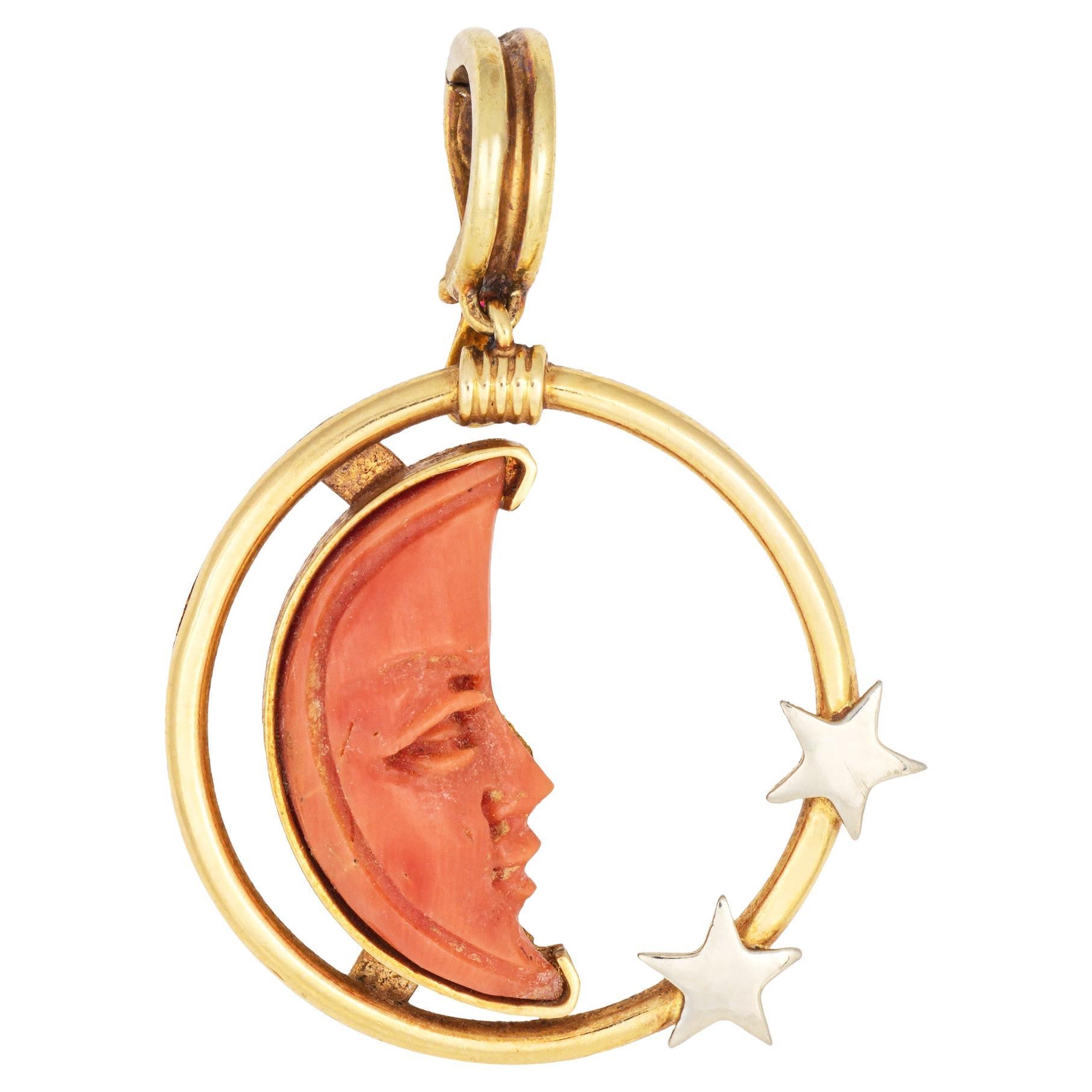 Carved Coral Pendant Man in the Moon Star Crescent 18k Gold Celestial Jewelry For Sale