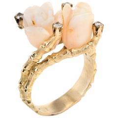 Carved Coral Rose Diamond Bamboo Cocktail Ring Vintage 14k Gold Estate Jewelry