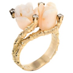Carved Coral Rose Diamond Bamboo Cocktail Ring Vintage 14k Gold Flower Jewelry