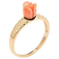 Carved Coral Rose Flower Stacking Ring Vintage 10 Karat Gold Estate Jewelry