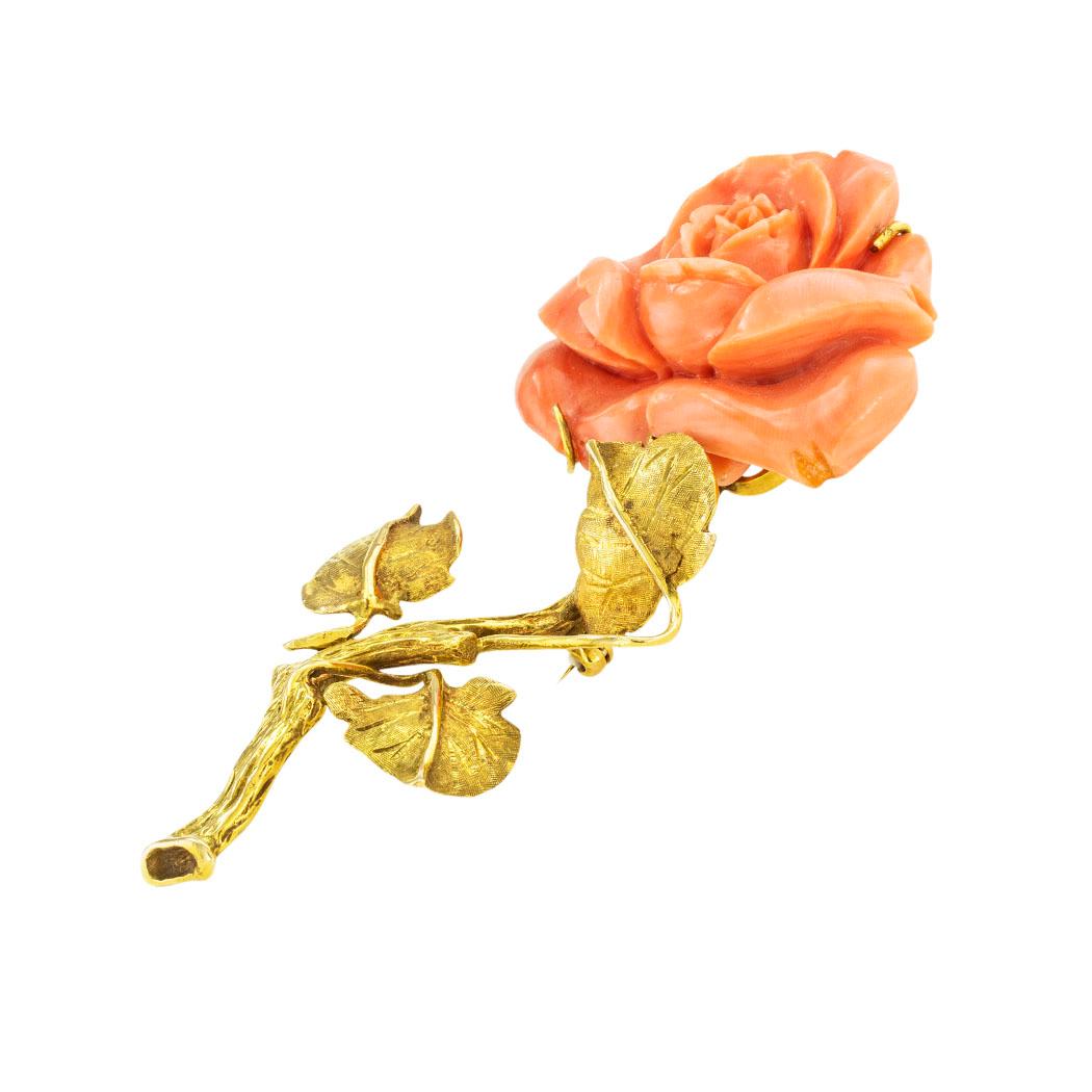 Modern Carved Coral Rose Gold Brooch For Sale