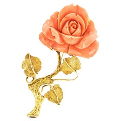 Carved Coral Rose Gold Brooch