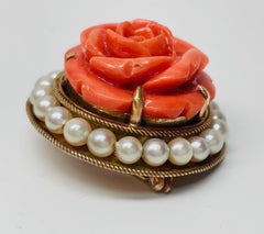 Carved Coral Rose Pearl Brooch