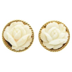 Carved Coral Rose Yellow Gold Button Clip on Earrings