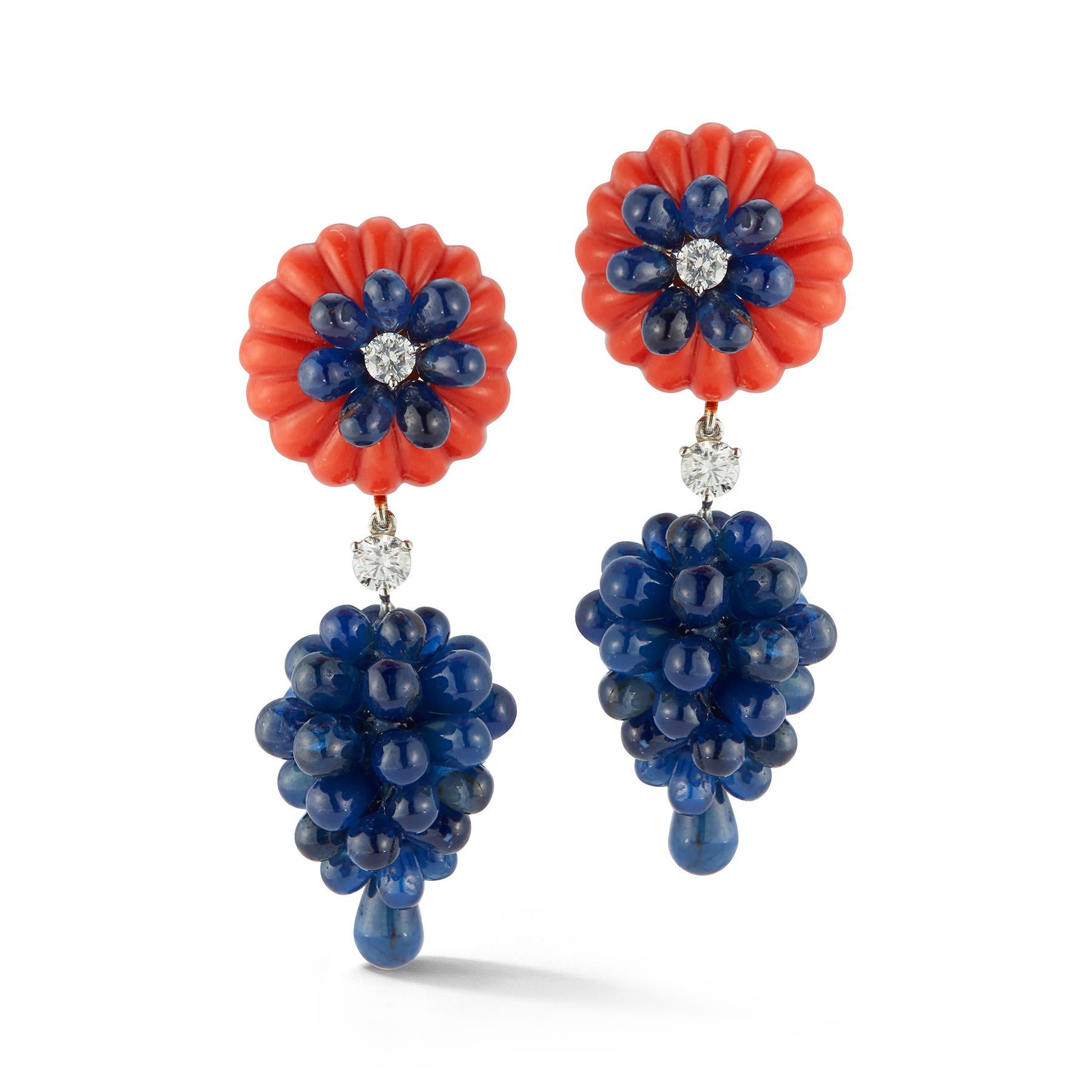 Carved Coral, Sapphire & Diamond Earrings by Carvin French

Back Type: Push Back