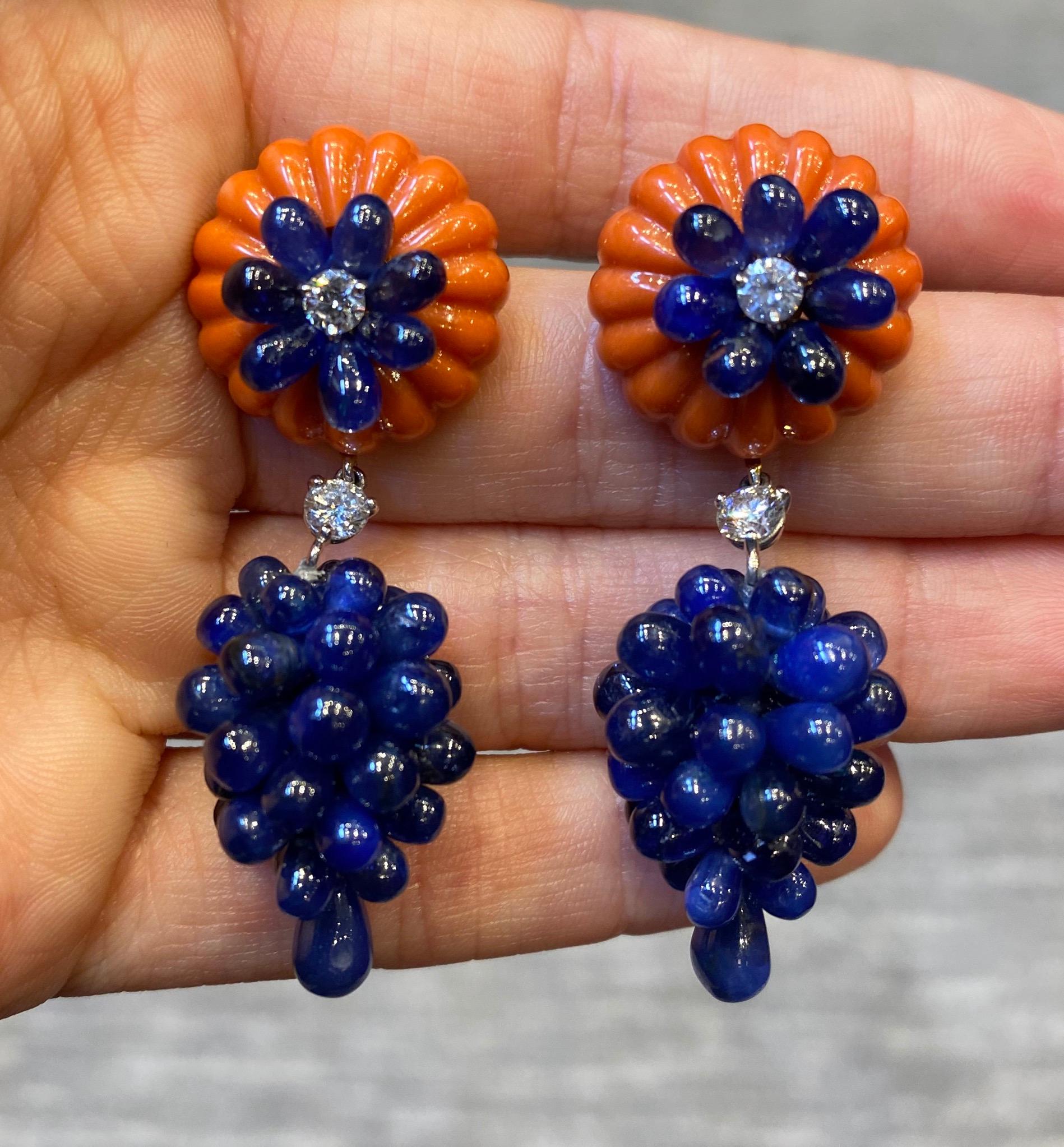 Bead Carved Coral, Sapphire & Diamond Earrings by Carvin French For Sale