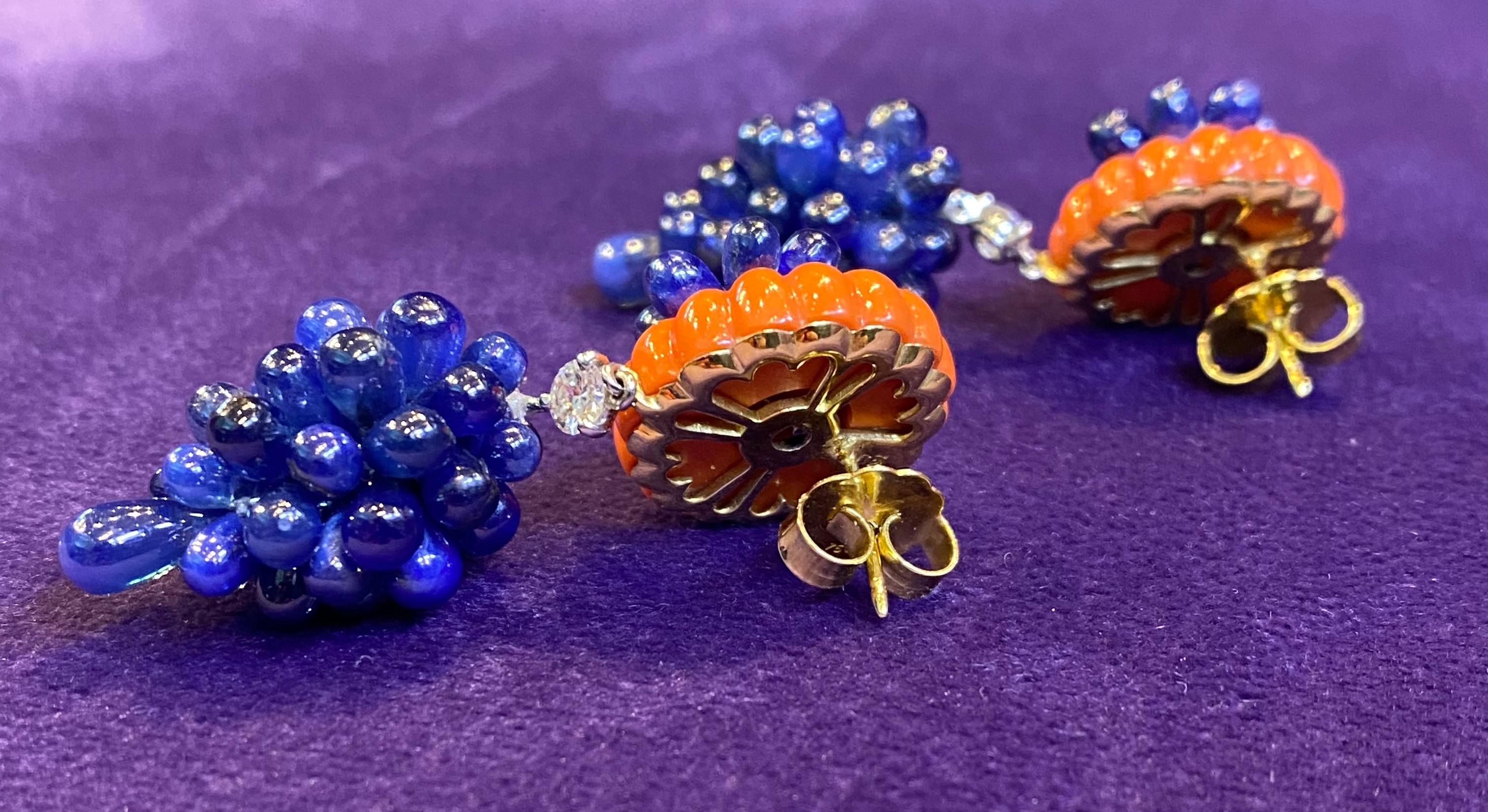 Carved Coral, Sapphire & Diamond Earrings by Carvin French In Excellent Condition For Sale In New York, NY