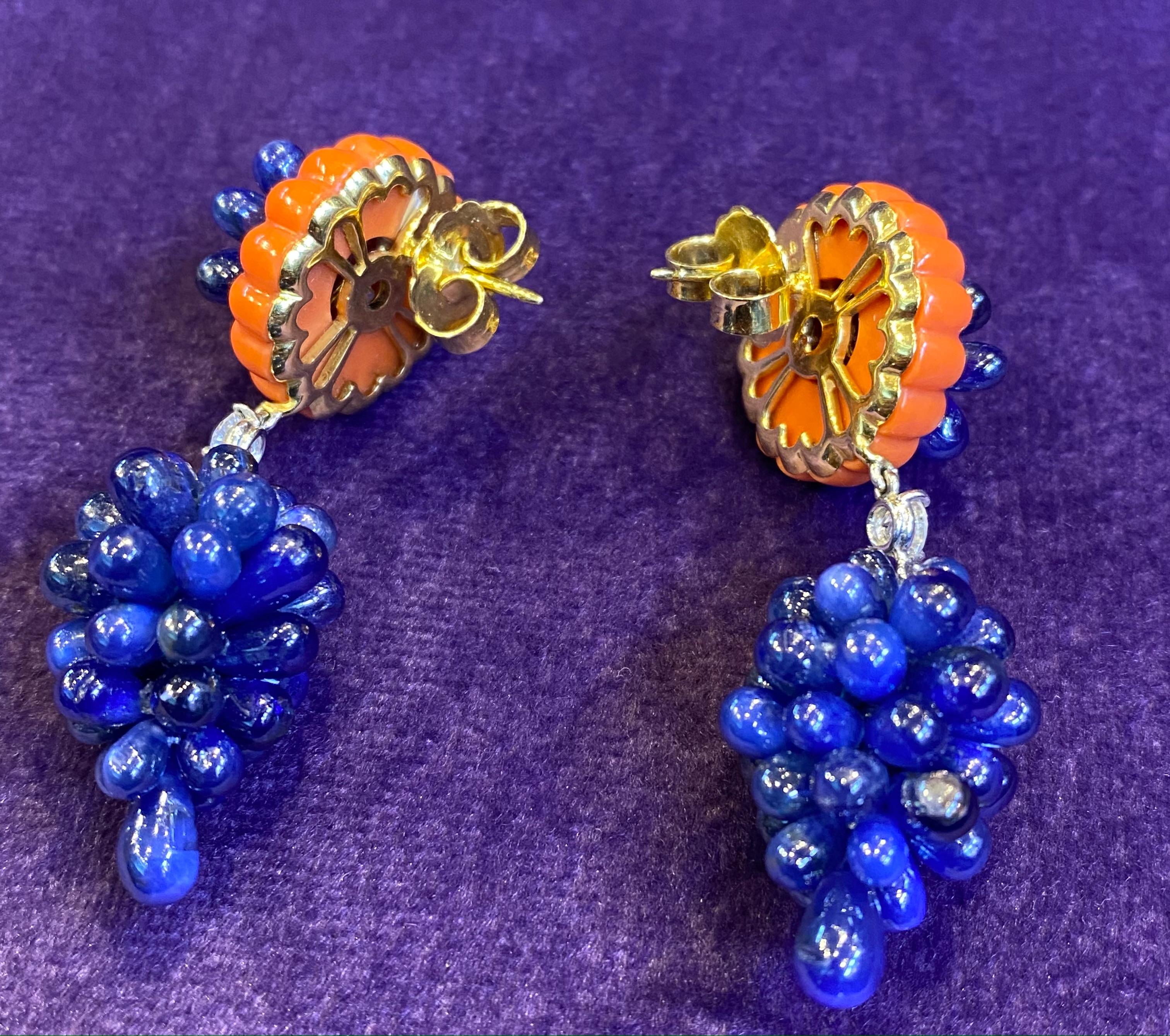 Women's Carved Coral, Sapphire & Diamond Earrings by Carvin French For Sale