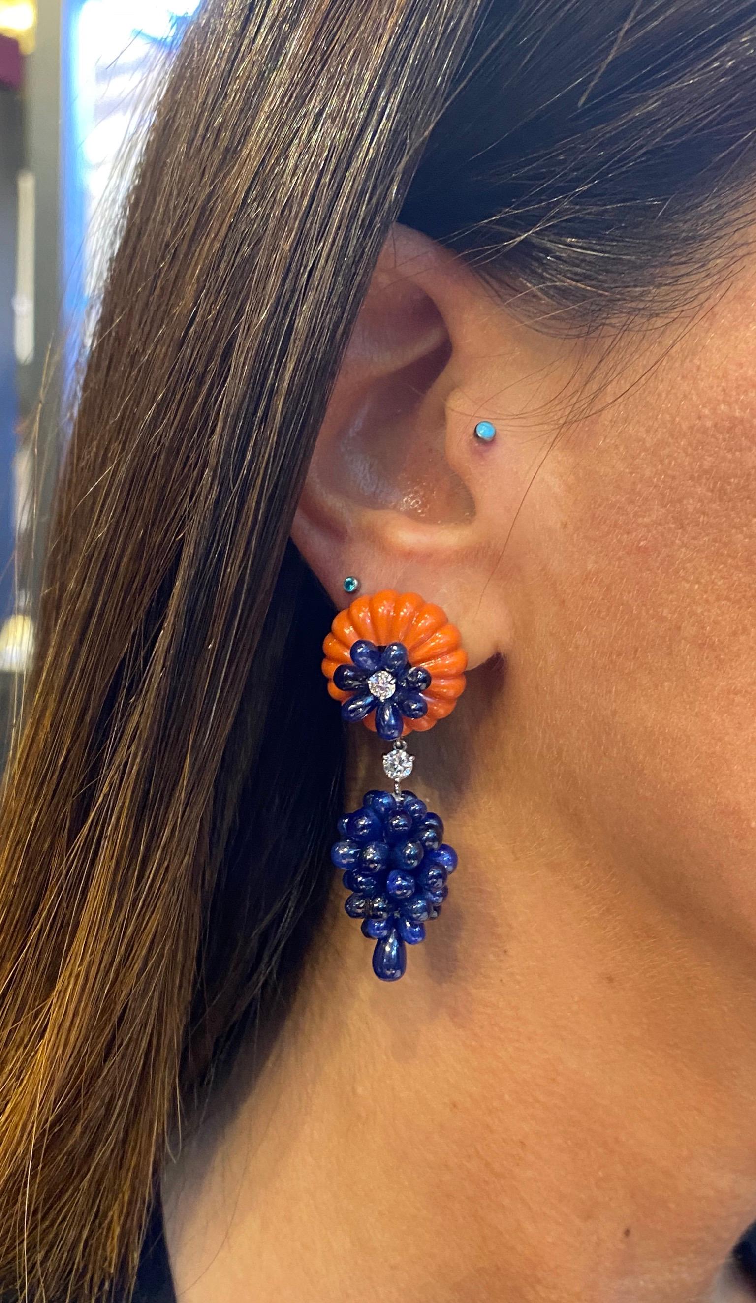 Carved Coral, Sapphire & Diamond Earrings by Carvin French For Sale 1
