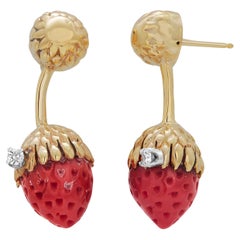 Carved Coral Strawberry Large Bead and Round Diamond Estate Gold Earrings 