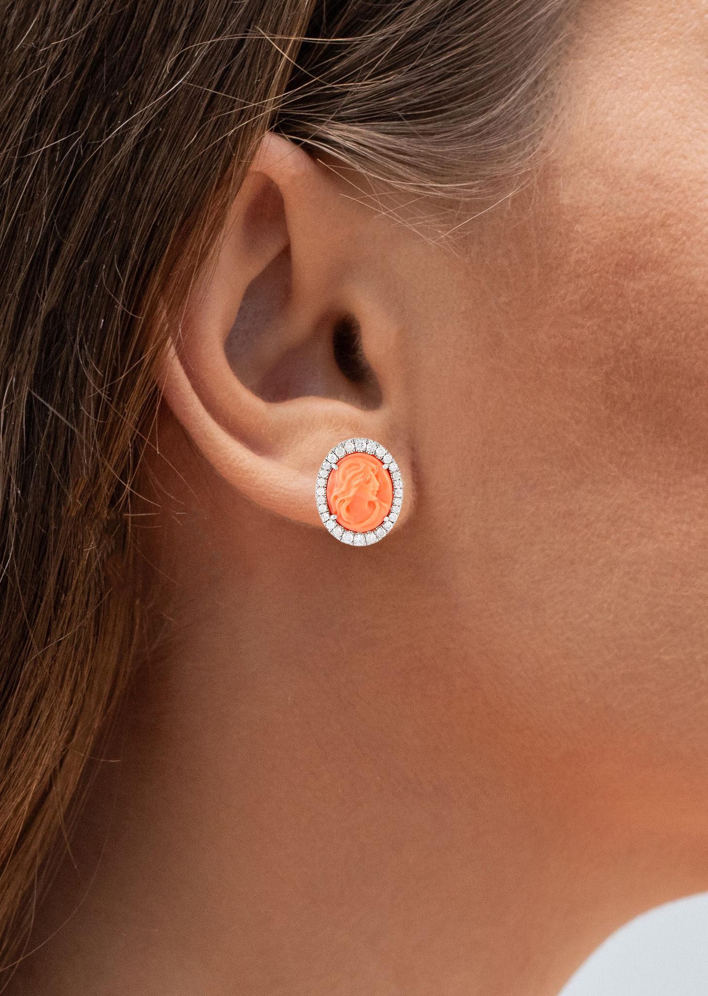 Contemporary Carved Coral Stud Earrings With Diamonds 7.34 Carats 18K Gold