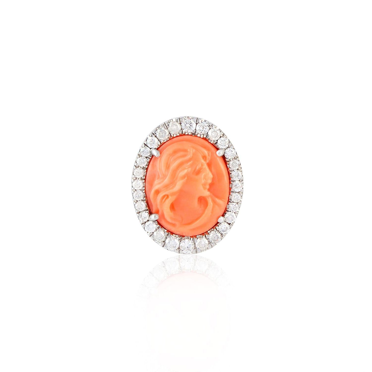 Mixed Cut Carved Coral Stud Earrings With Diamonds 7.34 Carats 18K Gold