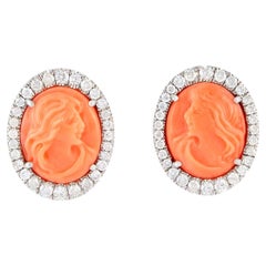 Carved Coral Stud Earrings With Diamonds 7.34 Carats 18K Gold