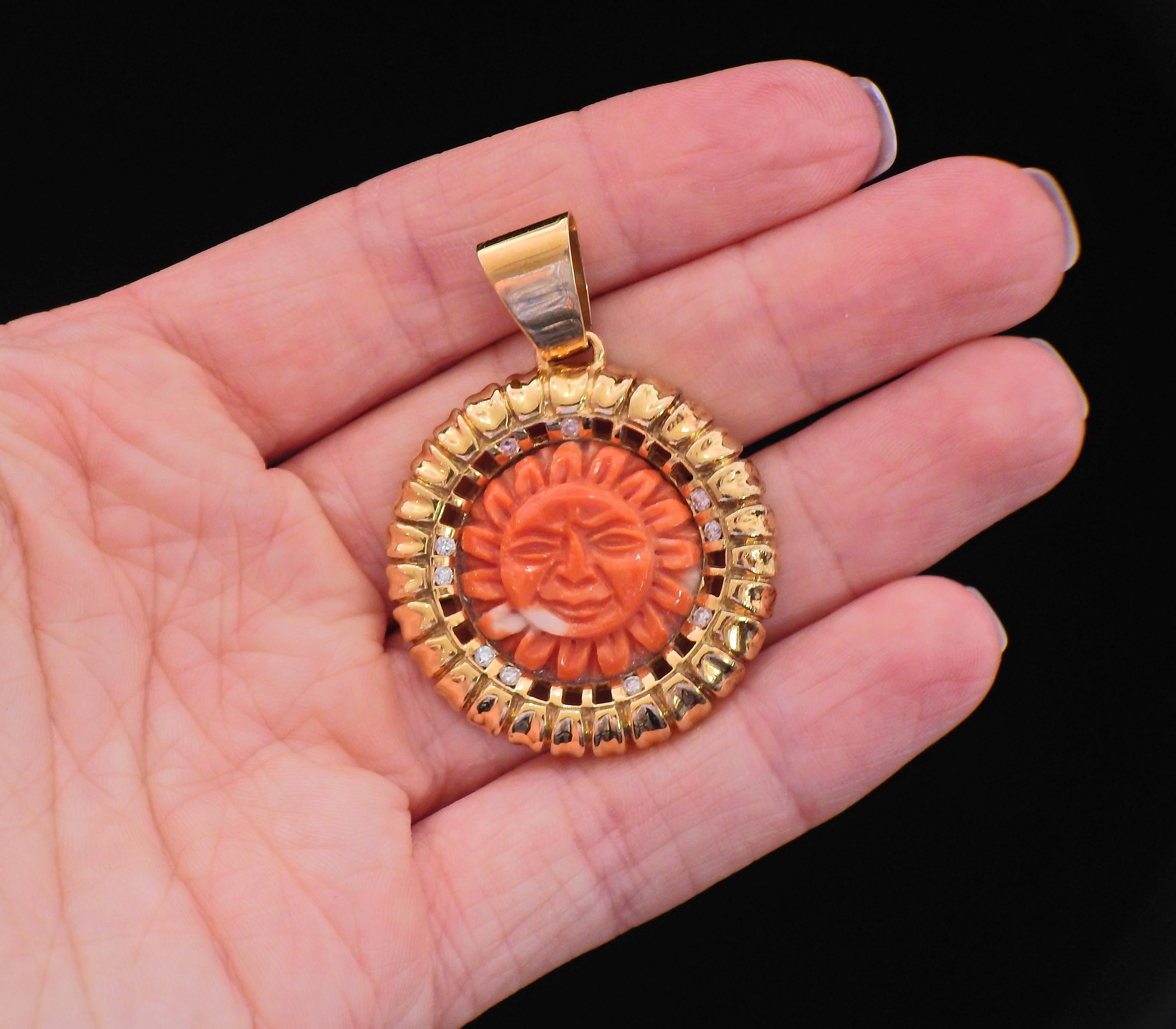 Carved Coral Sun Diamond Gold Pendant In Excellent Condition In New York, NY