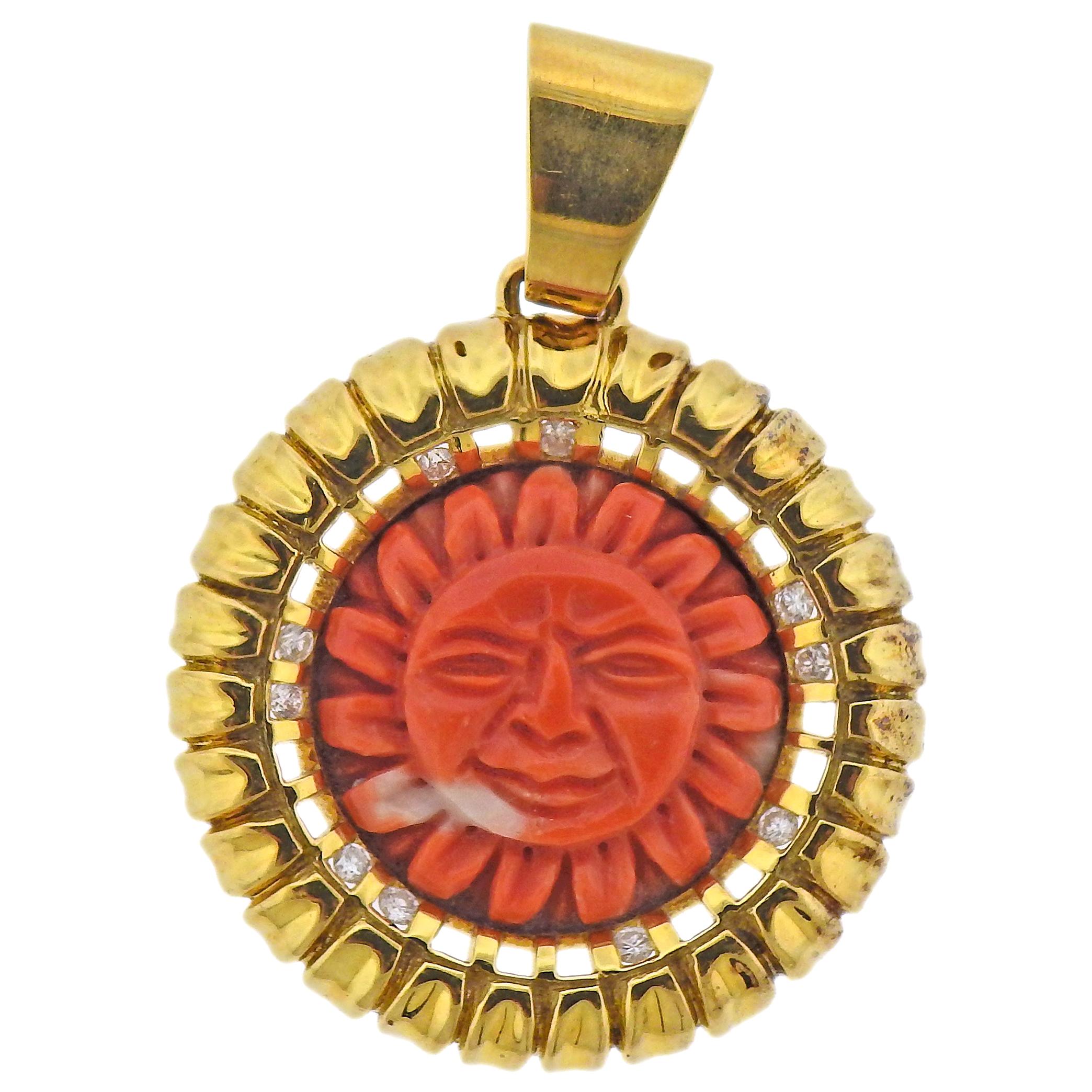 Carved Coral Sun Diamond Gold Pendant