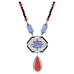 Carved Coral Tanzanite Art Deco Style Necklace in 14K White Gold