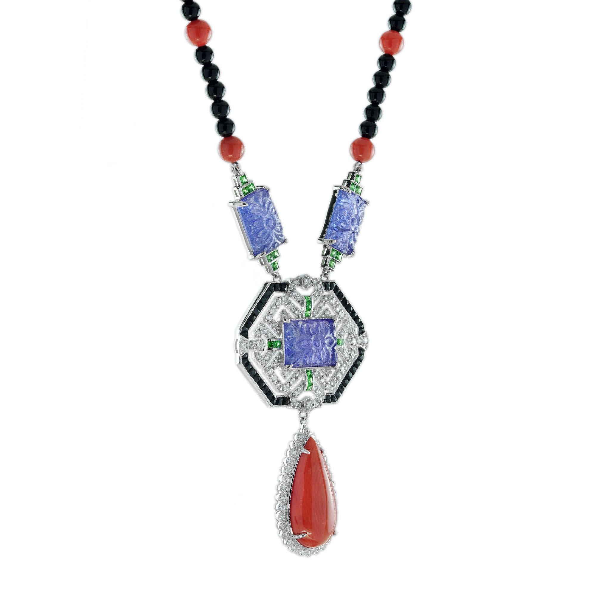 Art déco Collier en or blanc de style Art Deco avec corail sculpté et tanzanite en vente