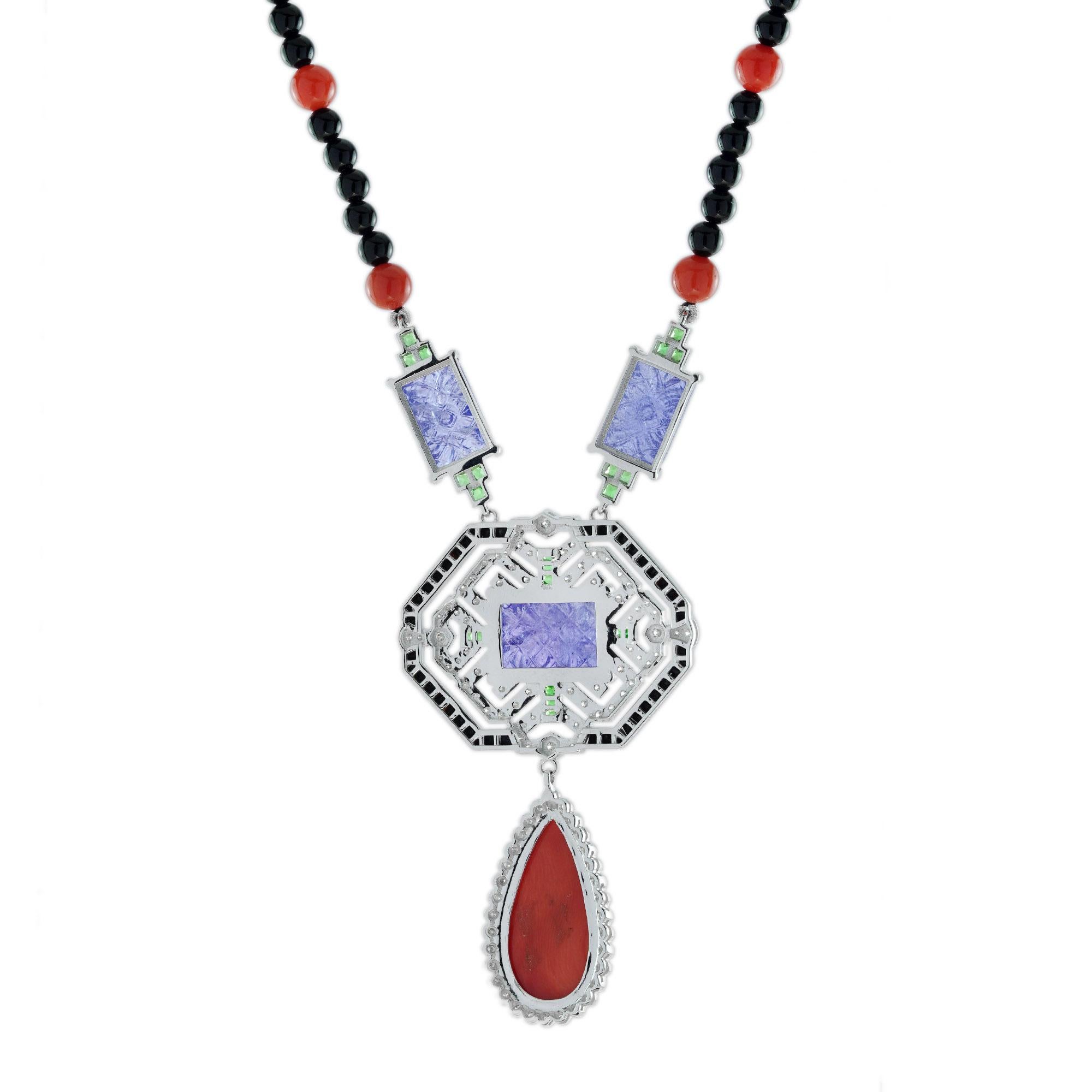 Taille mixte Collier en or blanc de style Art Deco avec corail sculpté et tanzanite en vente