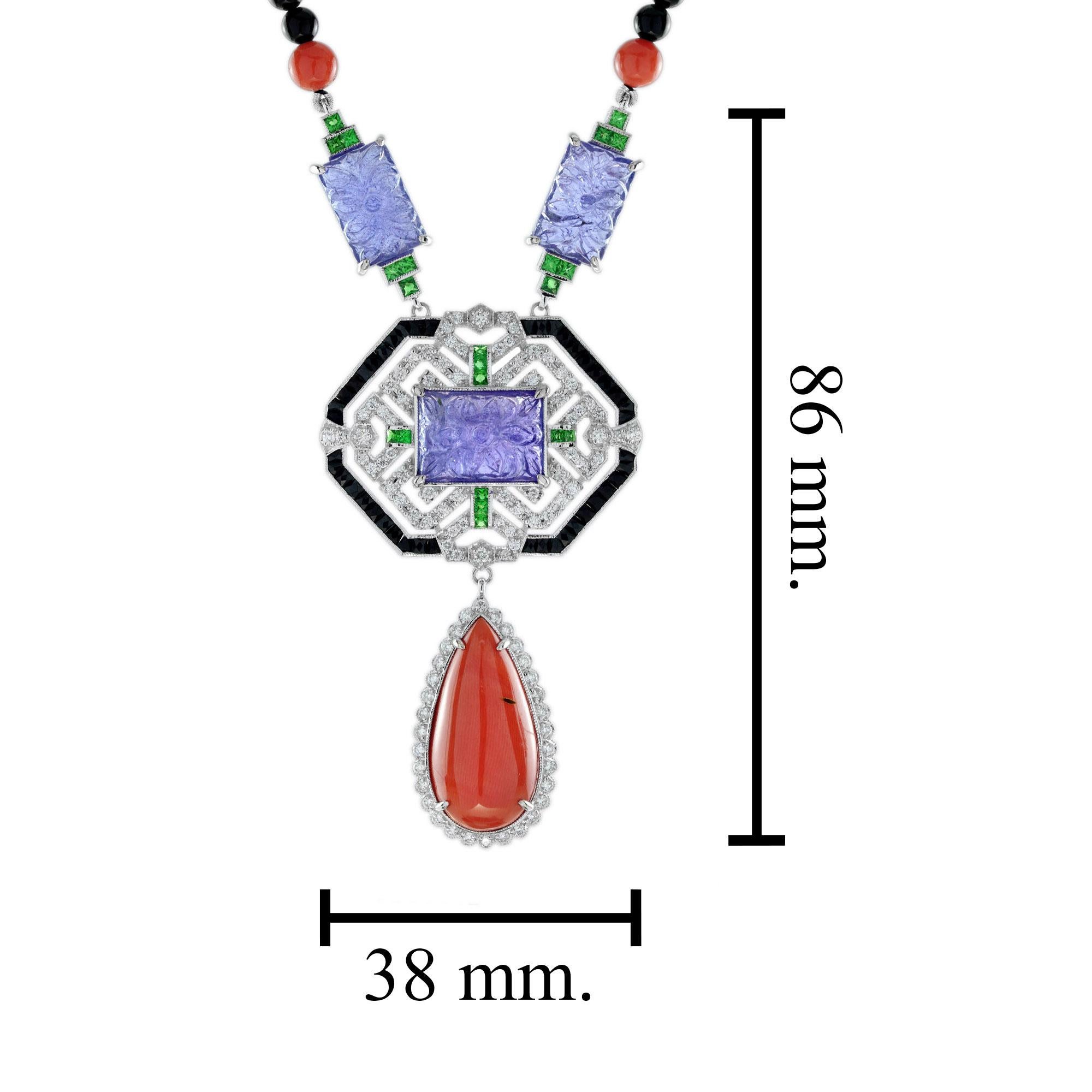 Collier en or blanc de style Art Deco avec corail sculpté et tanzanite Pour femmes en vente