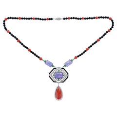 Carved Coral Tanzanite Art Deco Style White Gold Necklace