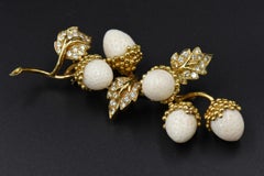 Carved Coral White Strawberries and Diamond Large Yellow Gold Brooch