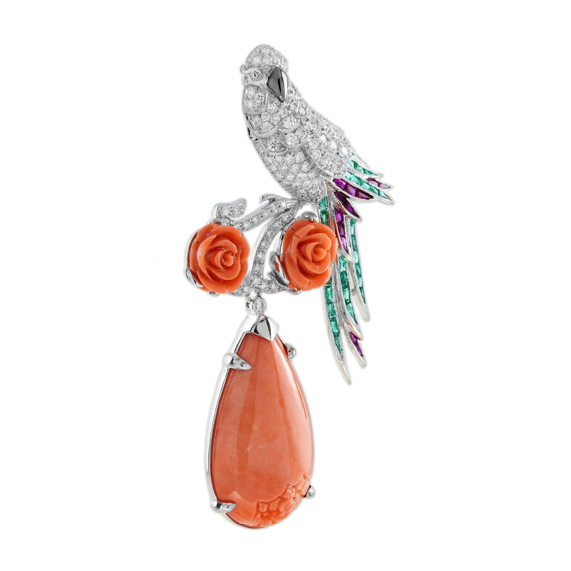 Art Deco Carved Coral with Diamond Emerald Ruby Exotic Bird Brooch in 18K White Gold