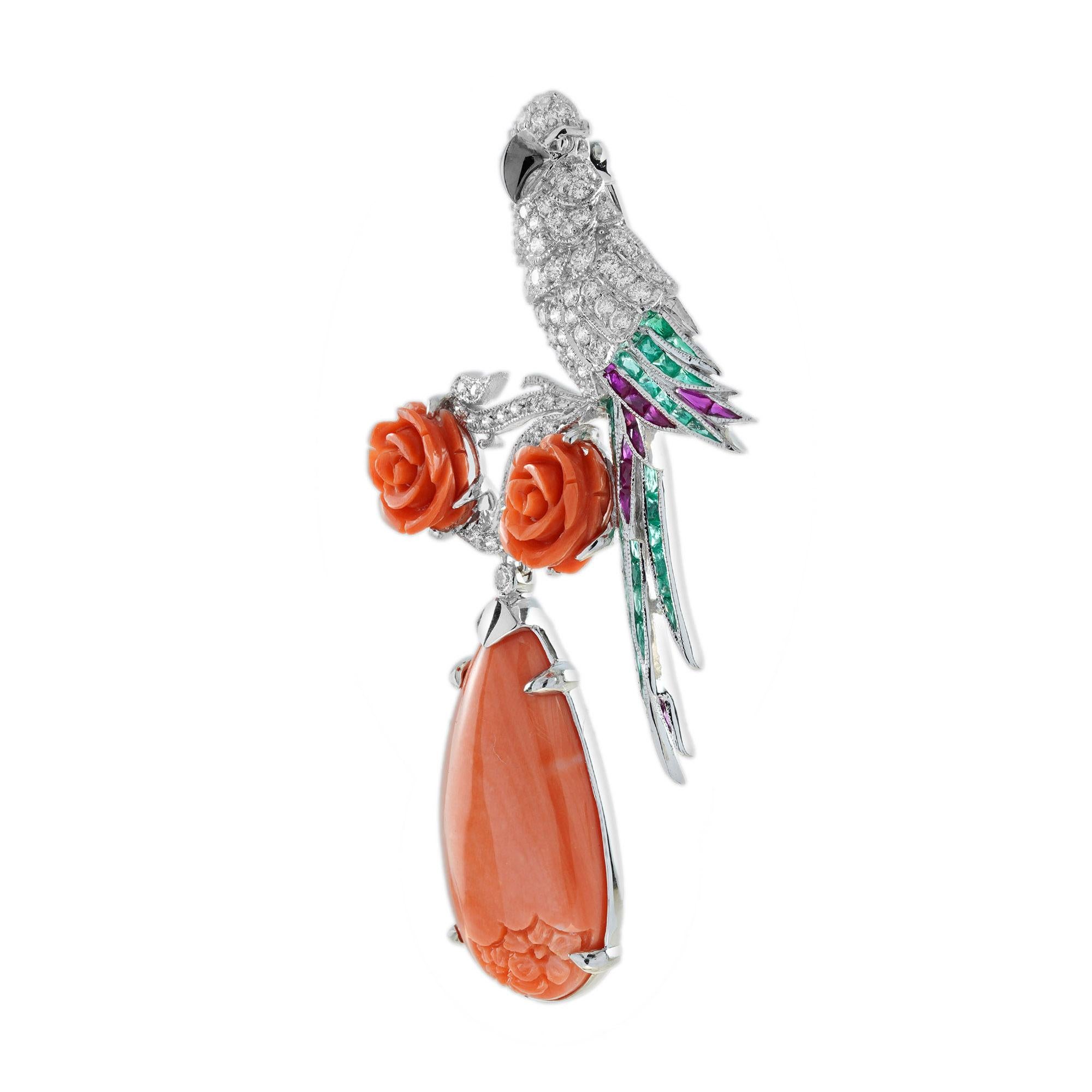Oval Cut Carved Coral with Diamond Emerald Ruby Exotic Bird Brooch in 18K White Gold