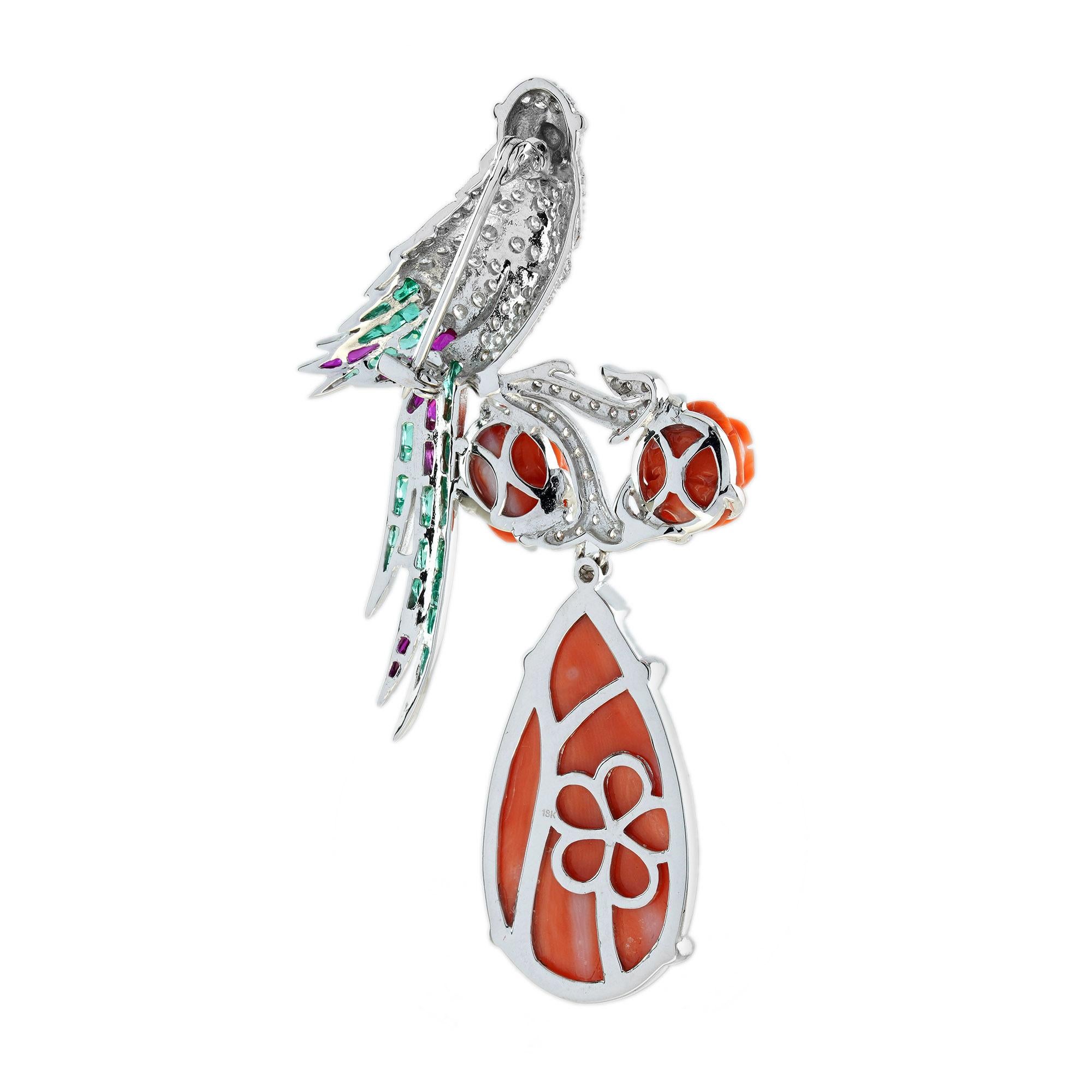 Carved Coral with Diamond Emerald Ruby Exotic Bird Brooch in 18K White Gold In New Condition In Bangkok, TH