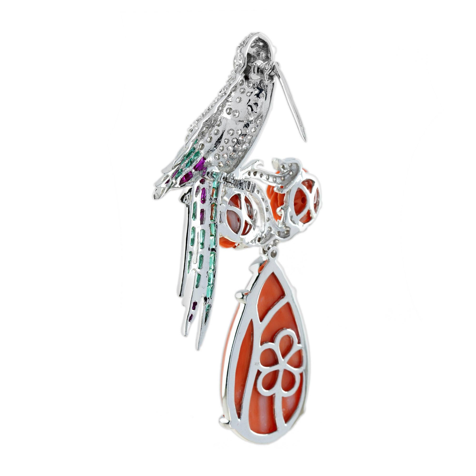 Women's Carved Coral with Diamond Emerald Ruby Exotic Bird Brooch in 18K White Gold