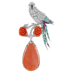 Carved Coral with Diamond Emerald Ruby Exotic Bird Brooch in 18K White Gold