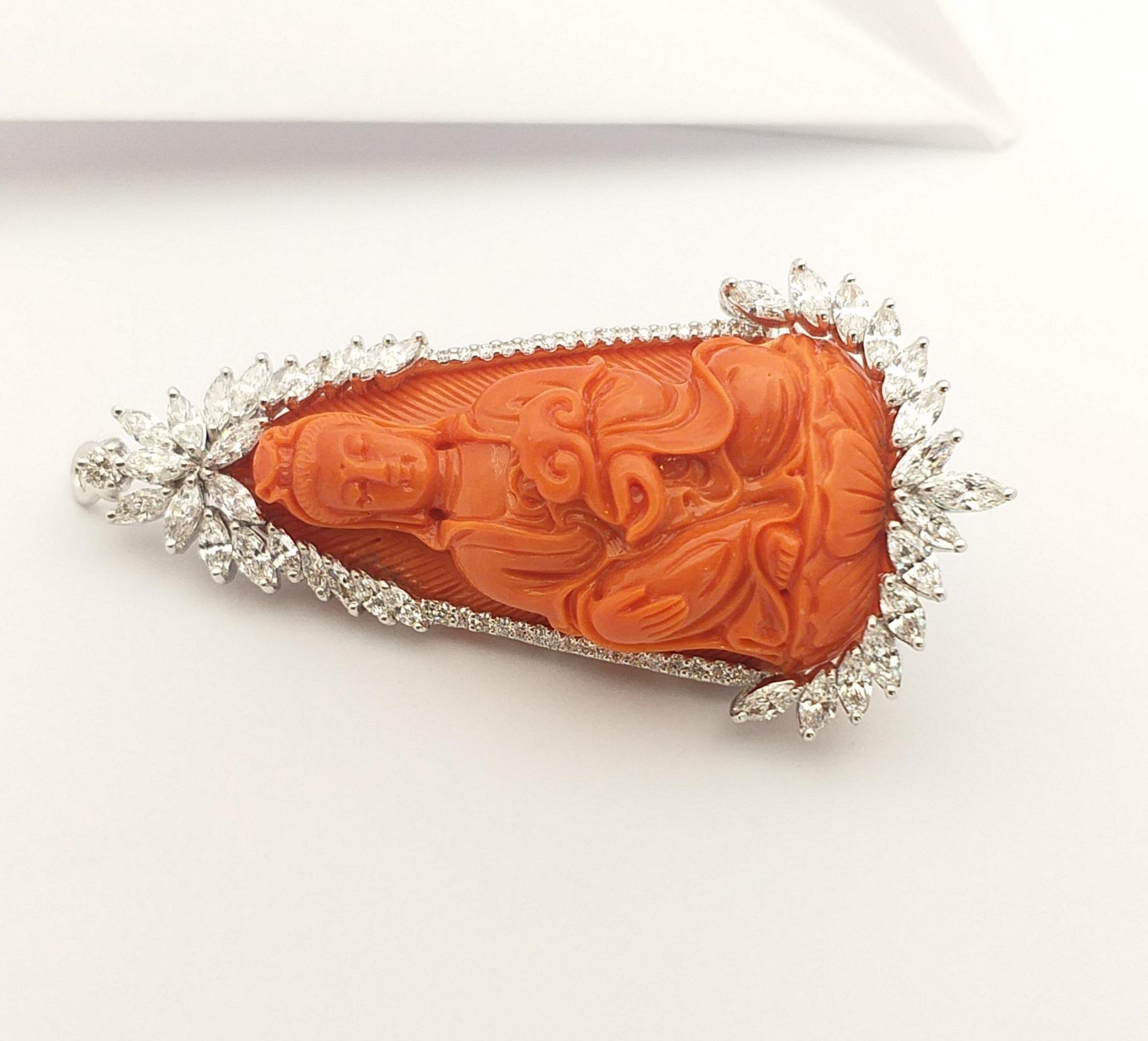 Carved Coral with Diamond Goddess of Mercy Brooch Set in 18K White Gold Settings For Sale 2