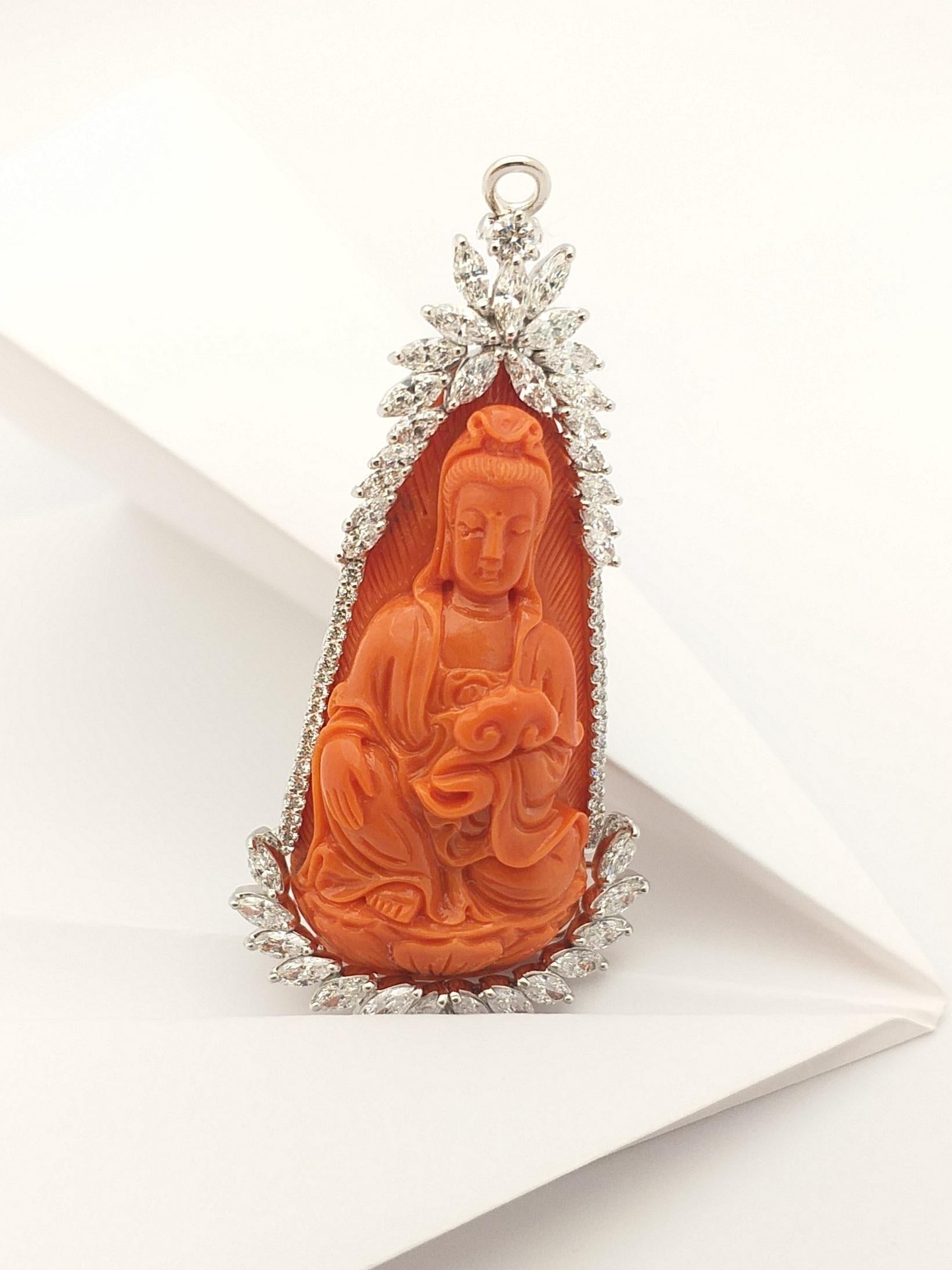 Marquise Cut Carved Coral with Diamond Goddess of Mercy Brooch Set in 18K White Gold Settings For Sale