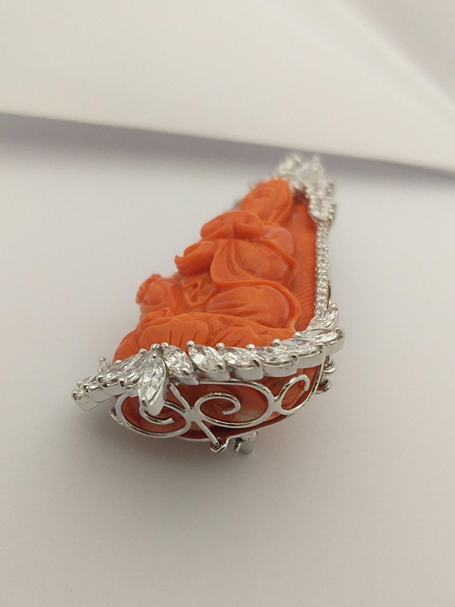 Women's or Men's Carved Coral with Diamond Goddess of Mercy Brooch Set in 18K White Gold Settings For Sale