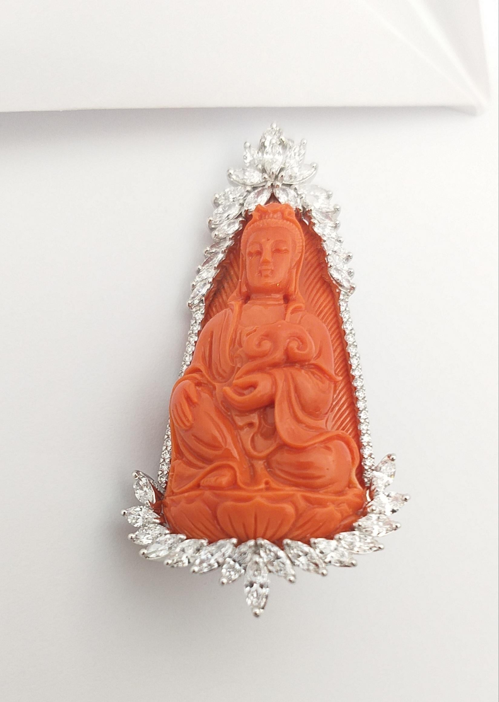 Carved Coral with Diamond Goddess of Mercy Brooch Set in 18K White Gold Settings For Sale 1