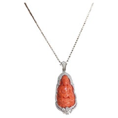 Carved Coral with Diamond Goddess of Mercy Pendant in 18K White Gold Settings