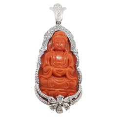 Carved Coral with Diamond Goddess of Mercy Pendant in 18K White Gold Settings