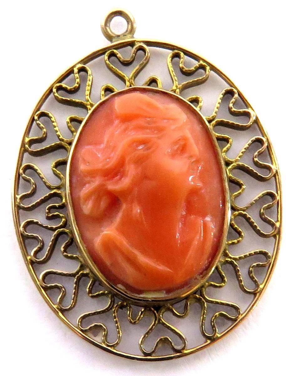 Art Deco Carved Coral Woman Gold Filigree Framed Pendant Charm