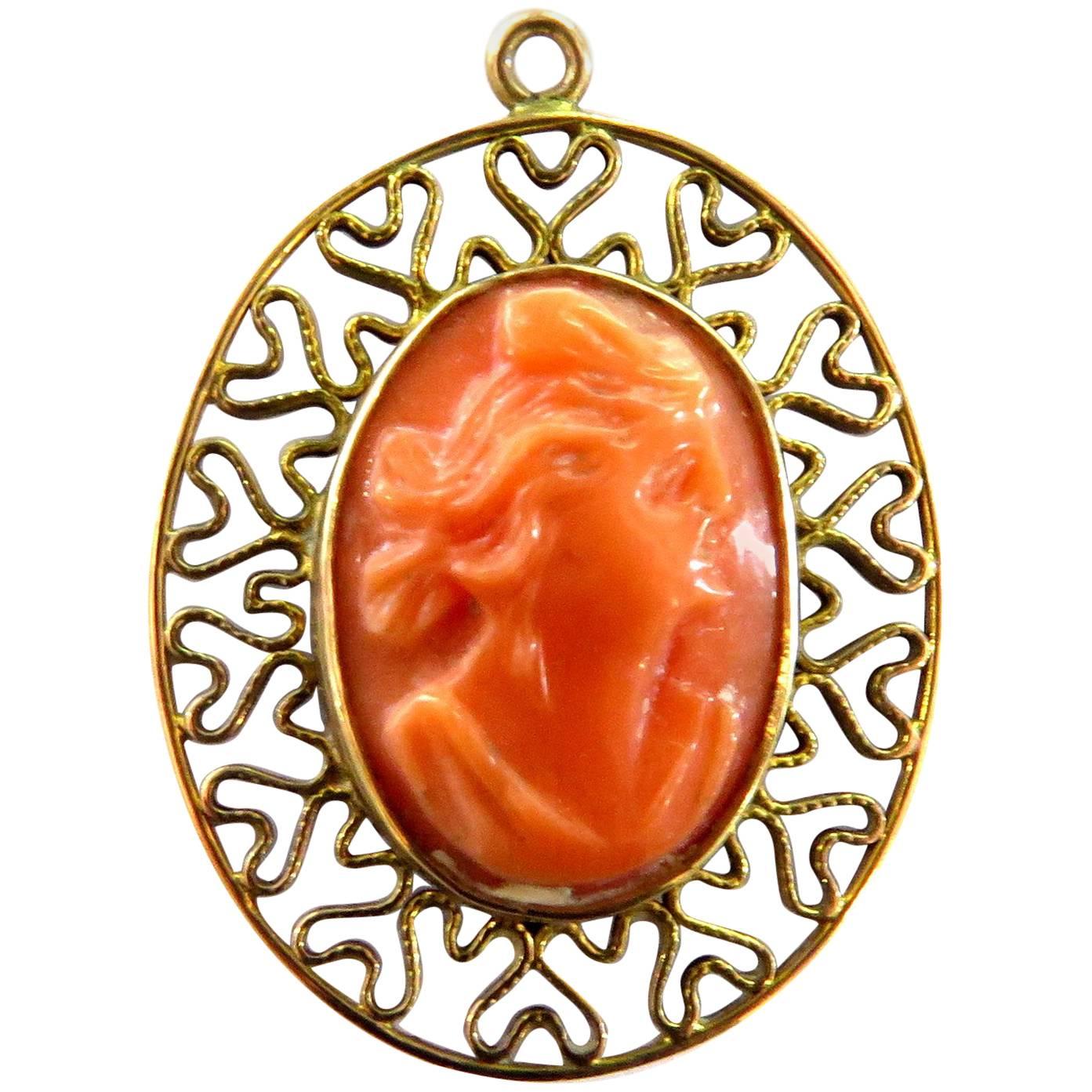 Carved Coral Woman Gold Filigree Framed Pendant Charm