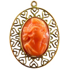 Carved Coral Woman Gold Filigree Framed Pendant Charm