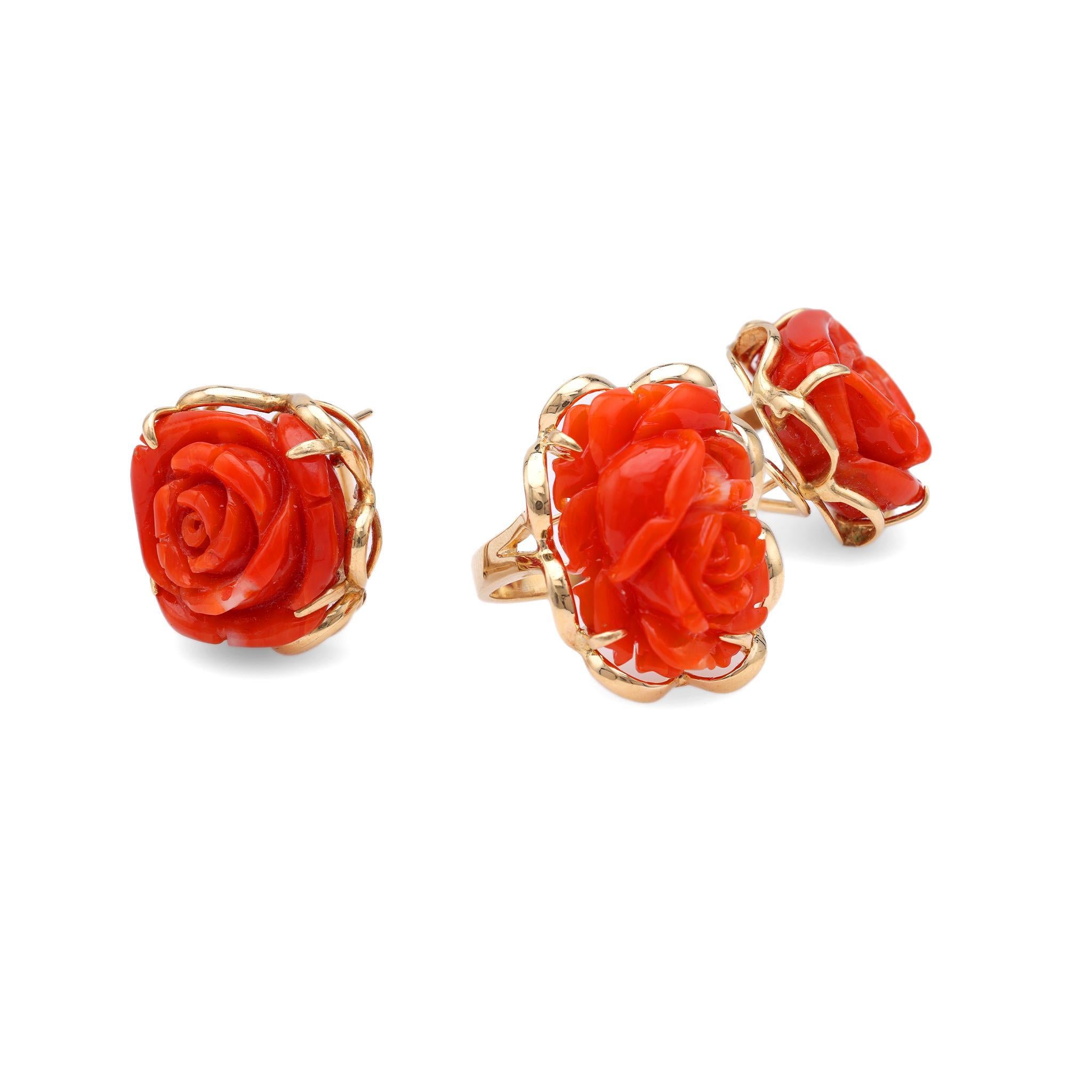 Uncut Carved Coral Yellow Gold Earrings & Ring Set For Sale