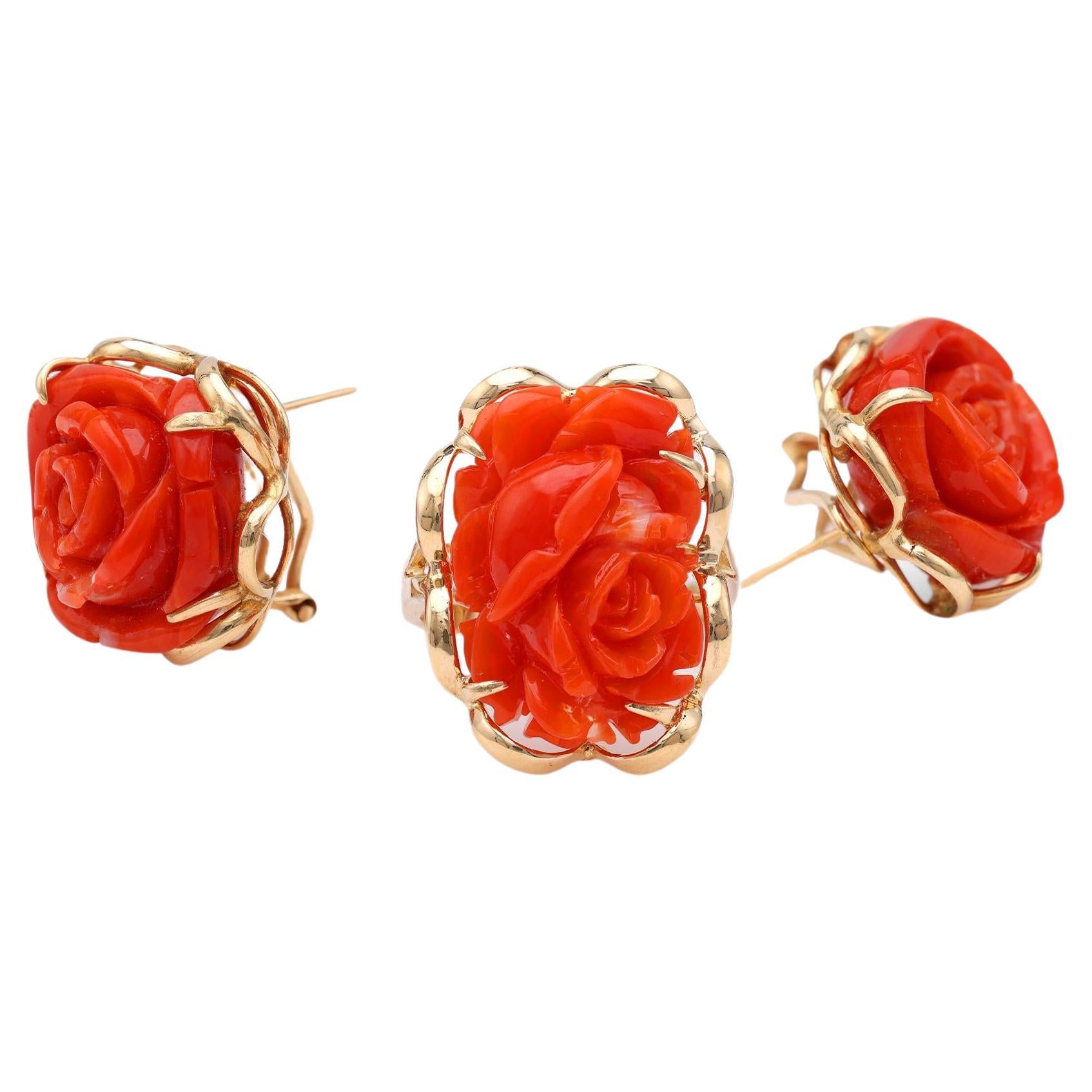 Carved Coral Yellow Gold Earrings & Ring Set For Sale