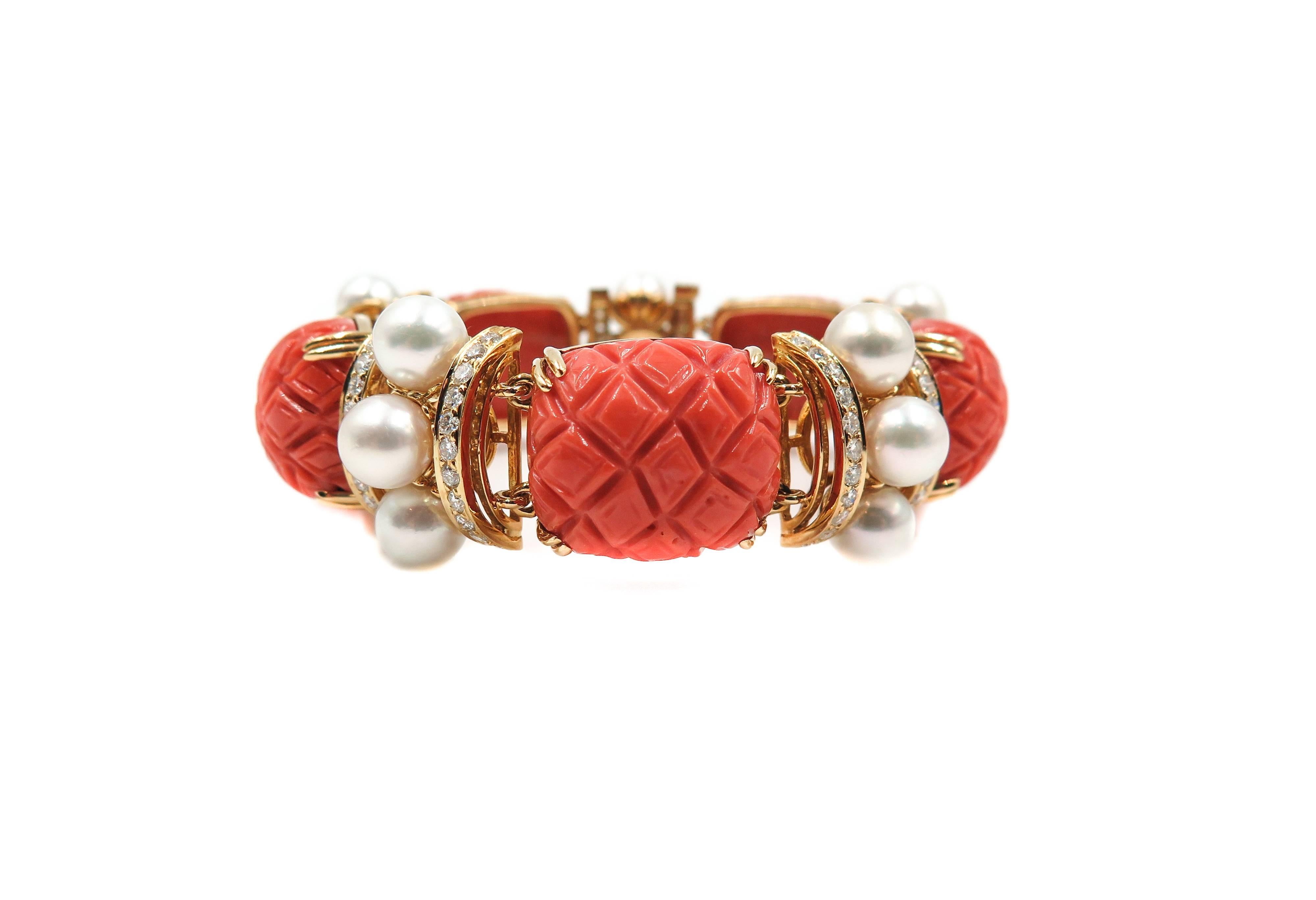 Carved Coral, Pearls and Diamond Bracelet by Seaman Schepps 5