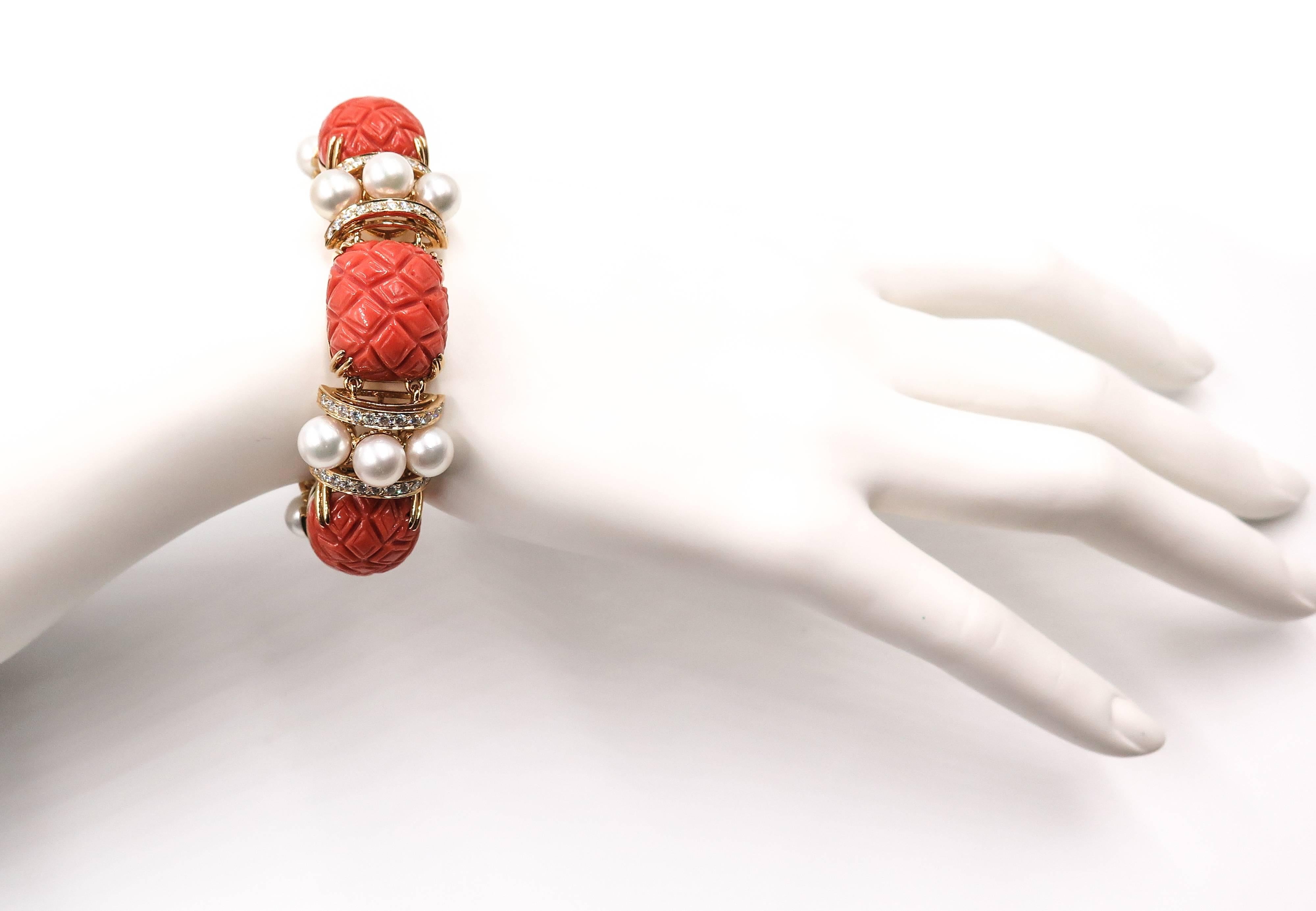 Carved Coral, Pearls and Diamond Bracelet by Seaman Schepps 6