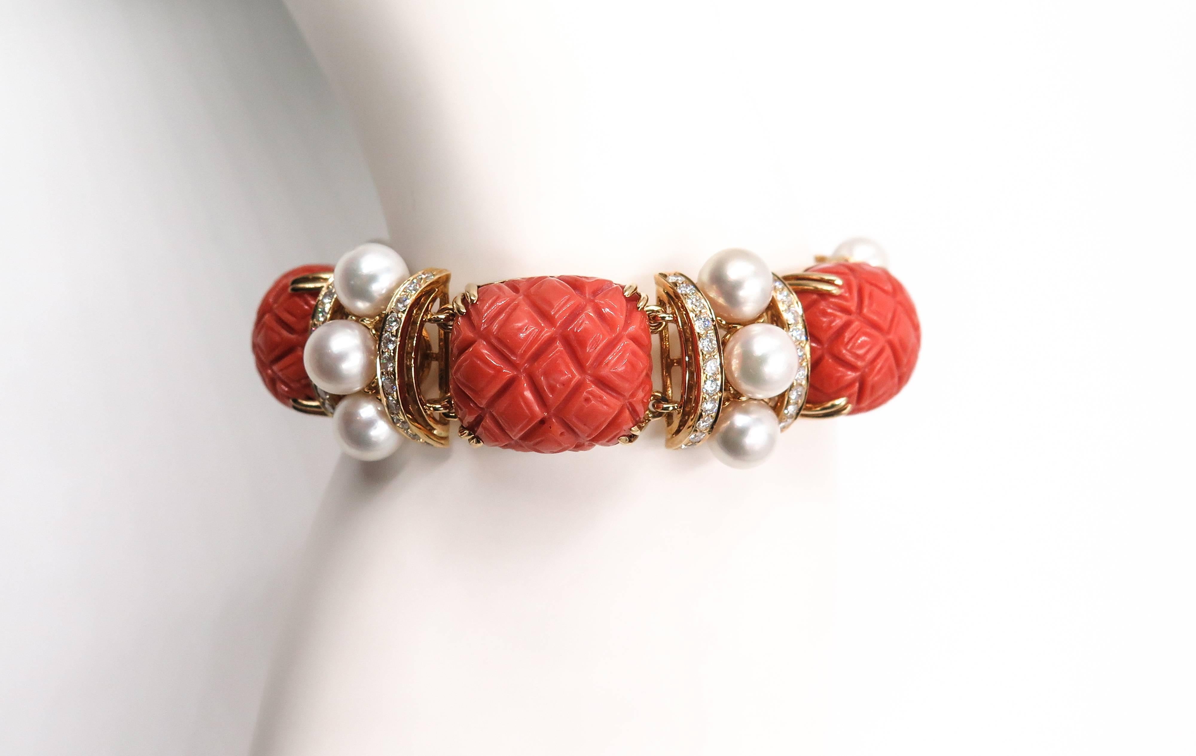 Carved Coral, Pearls and Diamond Bracelet by Seaman Schepps 7
