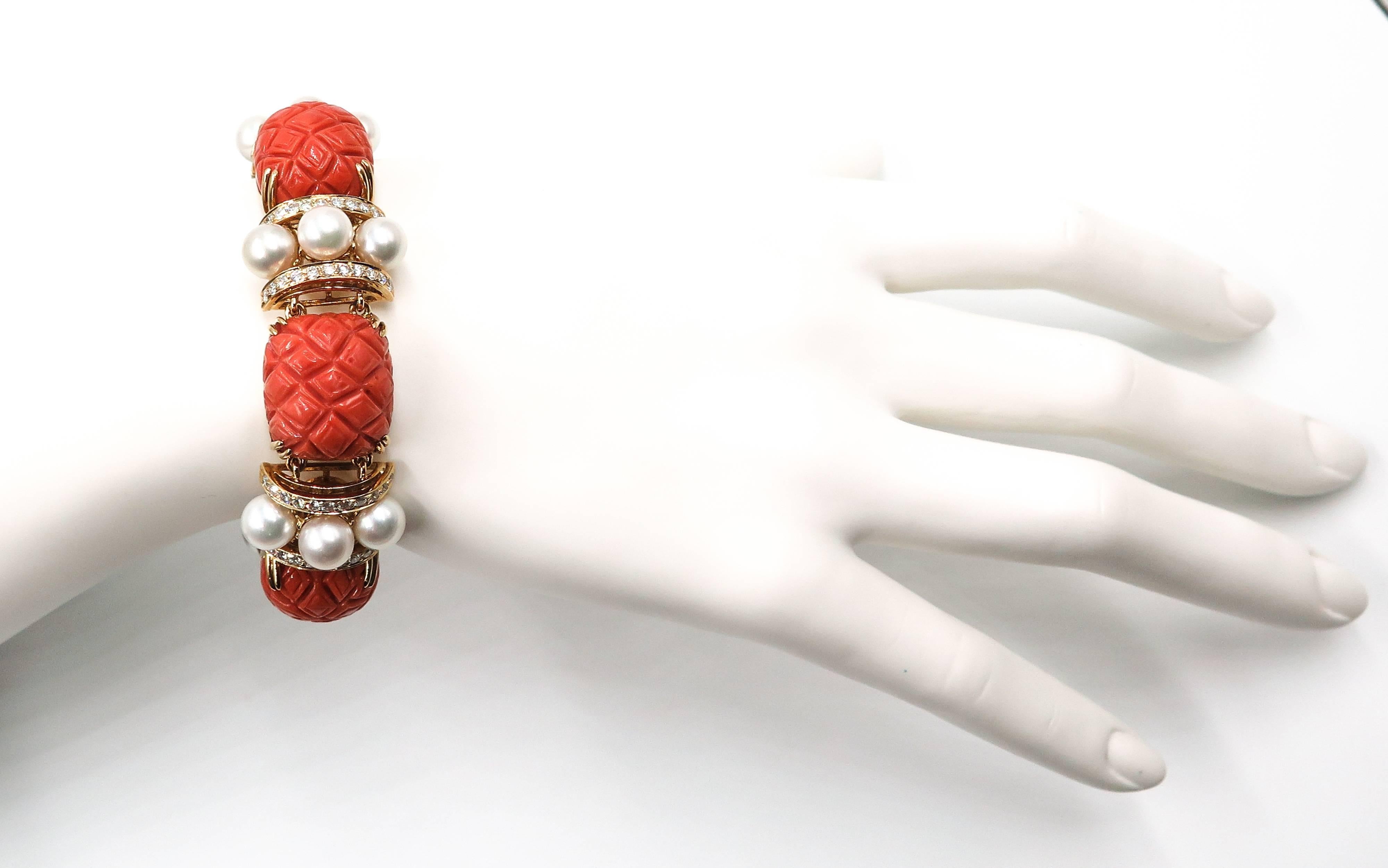 Carved Coral, Pearls and Diamond Bracelet by Seaman Schepps 8