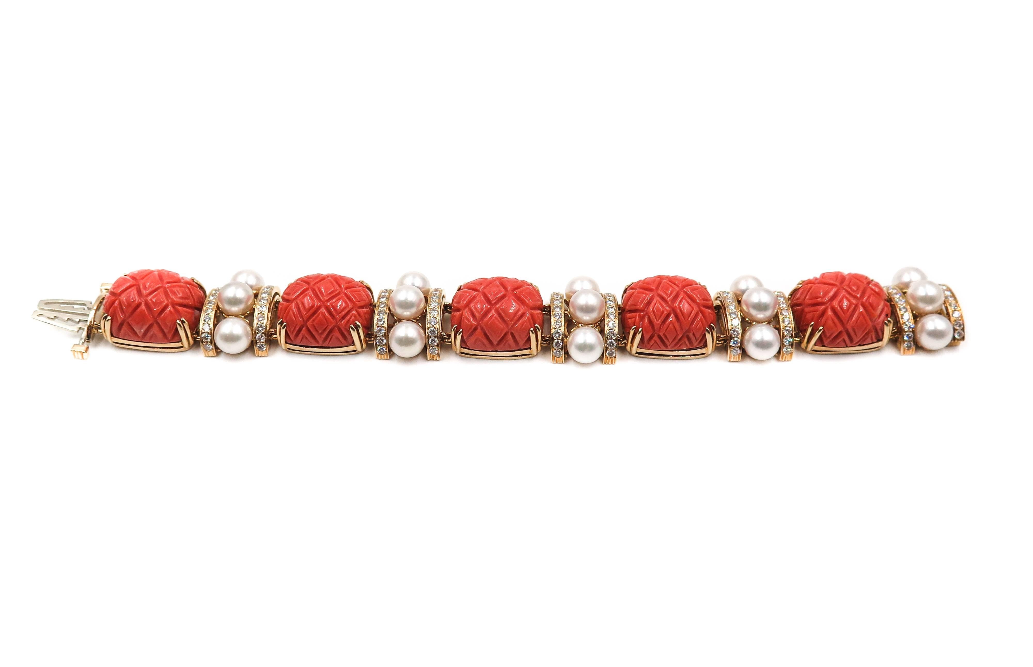 Artist Carved Coral, Pearls and Diamond Bracelet by Seaman Schepps