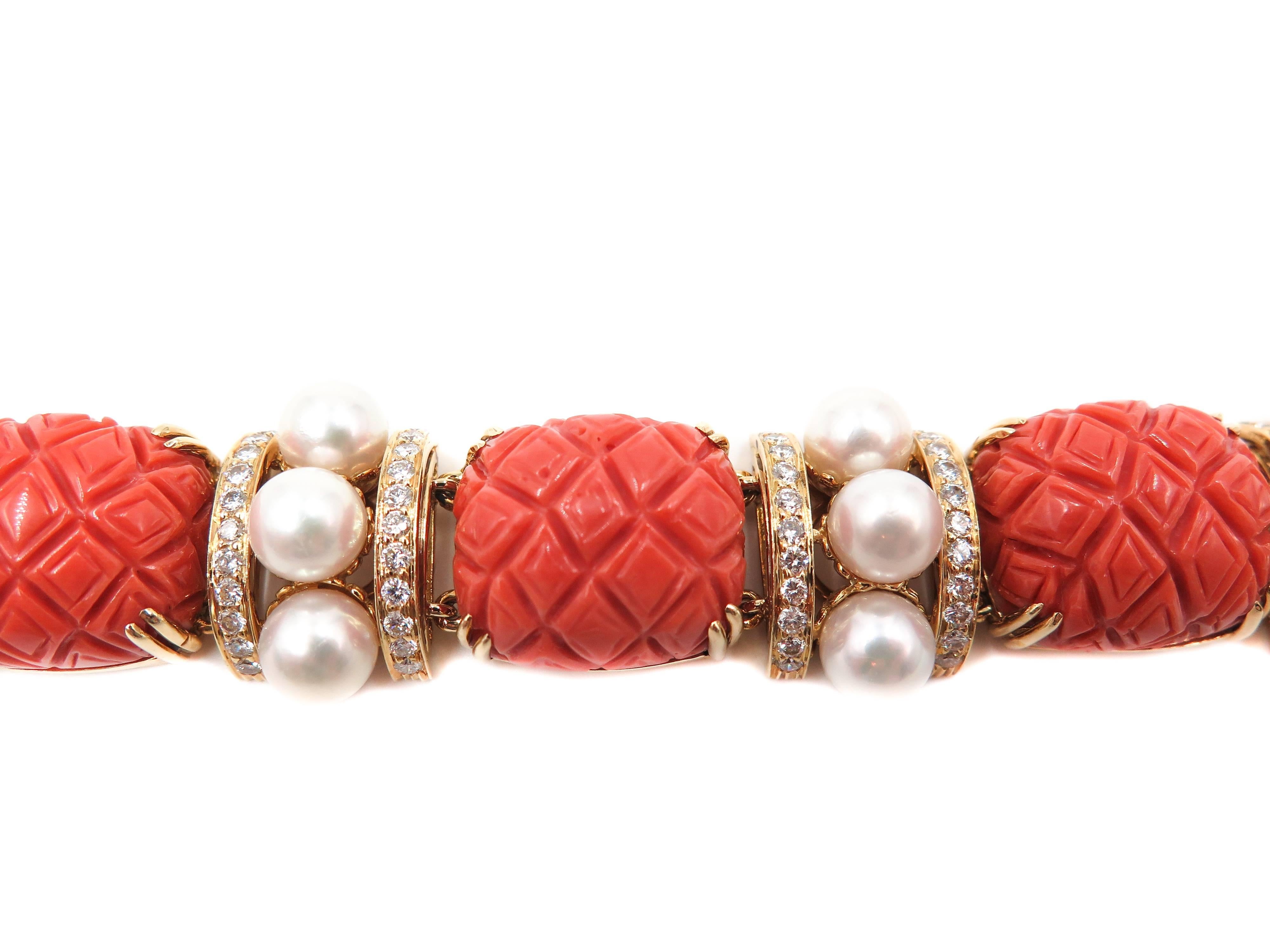 Carved Coral, Pearls and Diamond Bracelet by Seaman Schepps In Excellent Condition In Greenwich, CT