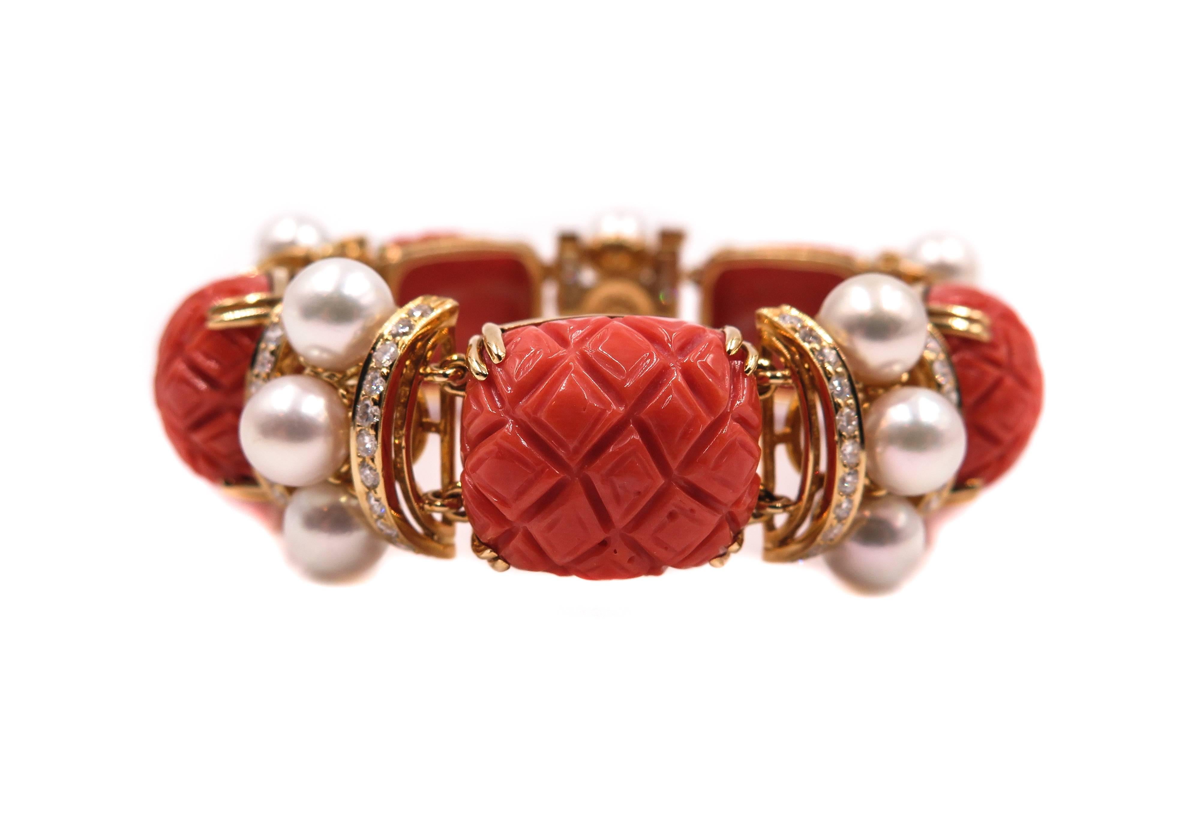 Women's Carved Coral, Pearls and Diamond Bracelet by Seaman Schepps