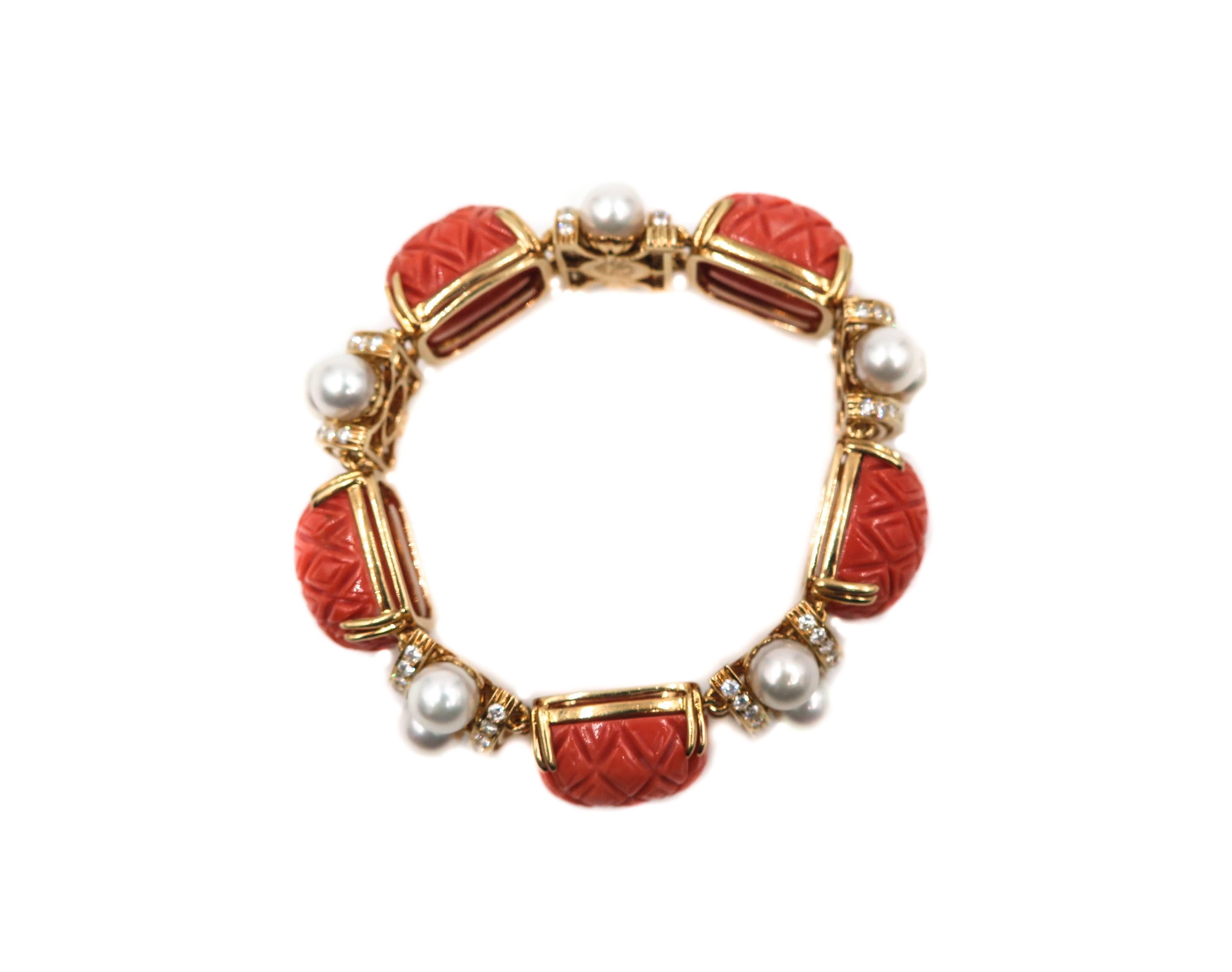 Carved Coral, Pearls and Diamond Bracelet by Seaman Schepps 1