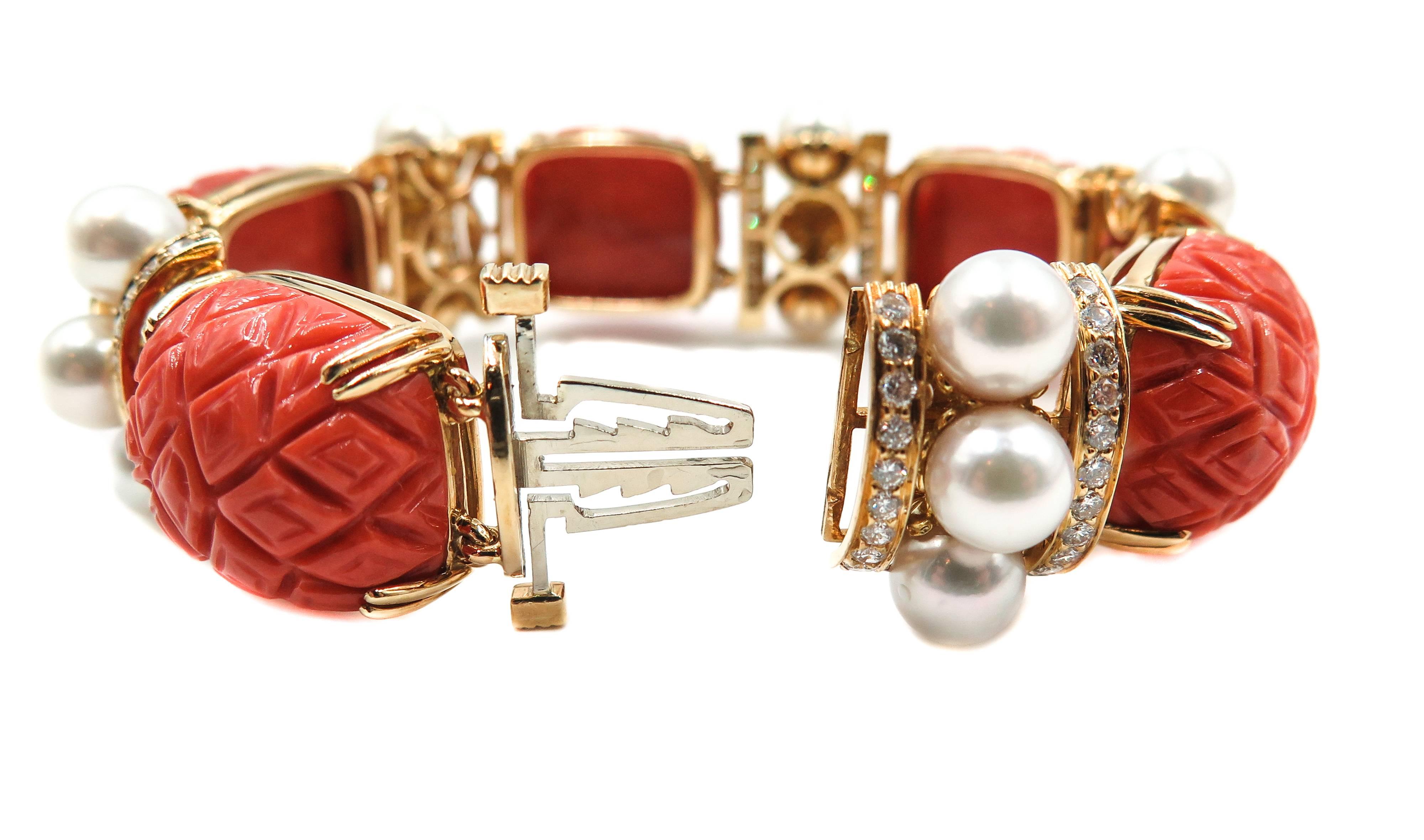 Carved Coral, Pearls and Diamond Bracelet by Seaman Schepps 2